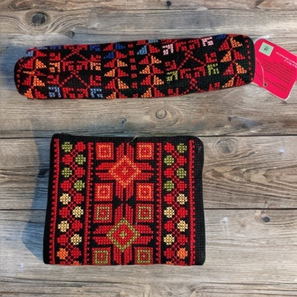 Tatreez Zip Coin & Pencil/Makeup Pouch Embroidered Set Palestinian Handmade NEW